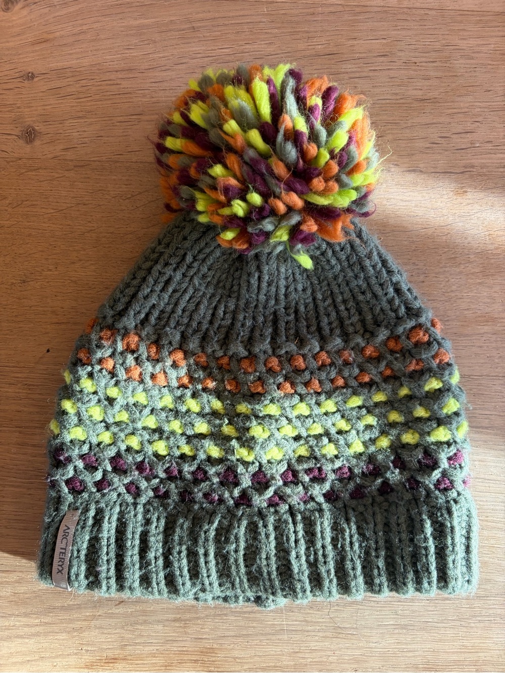 Arc'teryx Olive Knit Pom Beanie with Multicolor Accents